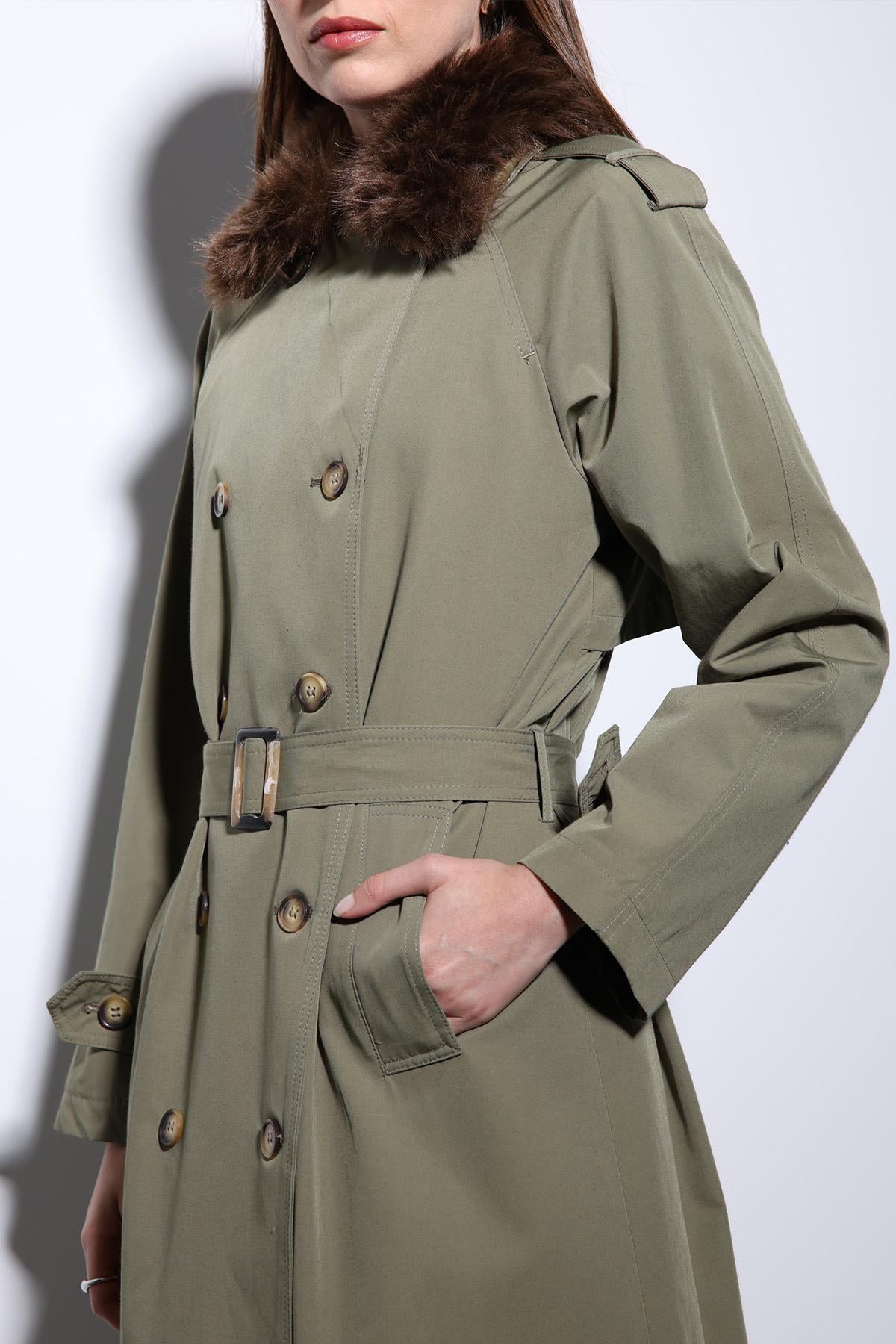 Antioch-Haki Suni Kürklü Yaka Kadın Trençkot-Trençkot-6-Milagron.com