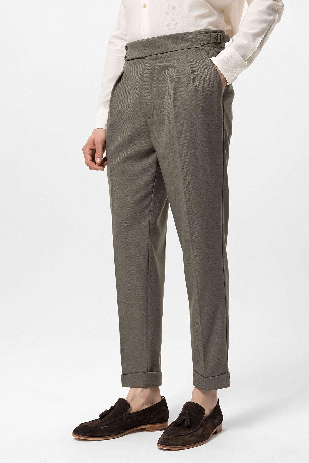 Antioch-Haki Yüksek Bel Yandan Tokalı Pileli Kumaş Pantolon-Kumaş Pantolon-3-Milagron.com