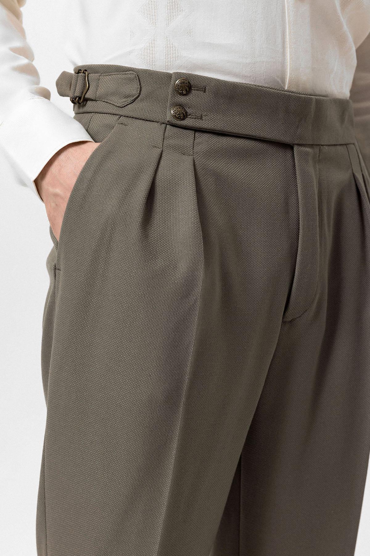 Antioch-Haki Yüksek Bel Yandan Tokalı Pileli Kumaş Pantolon-Kumaş Pantolon-4-Milagron.com