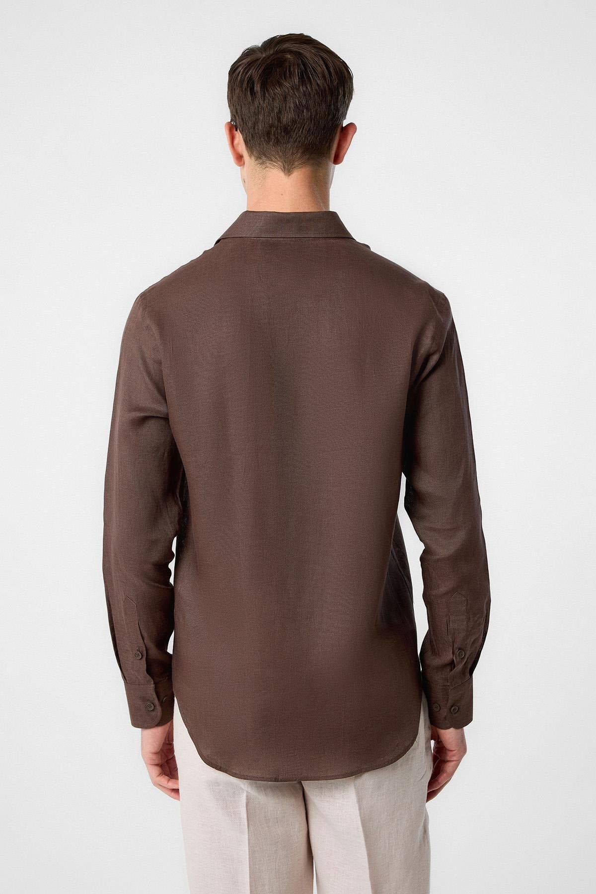 Antioch-Antioch Kahve 100% Keten Comfort Fit Erkek Gömlek-Gömlek-3-Milagron.com