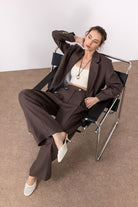 Antioch-Kahve 100% Keten Yüksek Bel Pilili Kadın Pantolon-Kumaş Pantolon-1-Milagron.com