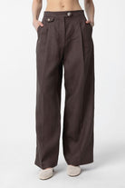 Antioch-Kahve 100% Keten Yüksek Bel Pilili Kadın Pantolon-Kumaş Pantolon-2-Milagron.com