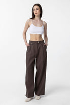 Antioch-Kahve 100% Keten Yüksek Bel Pilili Kadın Pantolon-Kumaş Pantolon-3-Milagron.com