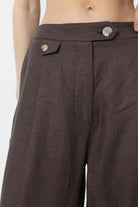 Antioch-Kahve 100% Keten Yüksek Bel Pilili Kadın Pantolon-Kumaş Pantolon-5-Milagron.com