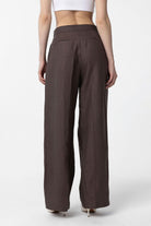 Antioch-Kahve 100% Keten Yüksek Bel Pilili Kadın Pantolon-Kumaş Pantolon-6-Milagron.com