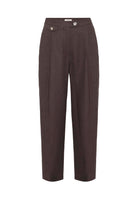 Antioch-Kahve 100% Keten Yüksek Bel Pilili Kadın Pantolon-Kumaş Pantolon-7-Milagron.com