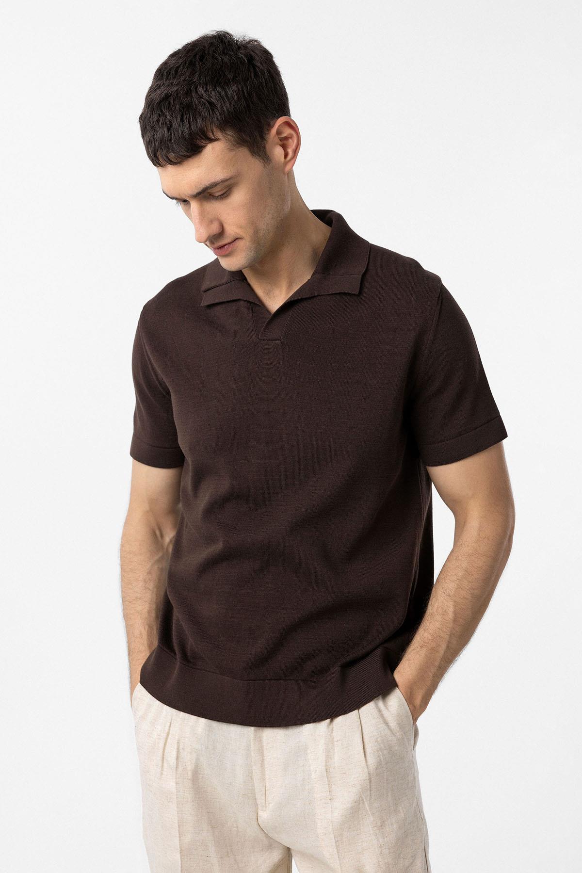 Antioch-Kahve 100% Pamuk Apaş Yaka Triko T Shirt-T-Shirts-1-Milagron.com