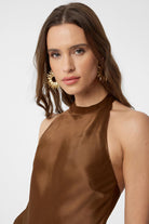 Antioch-Kahve Asimetrik Saten Sırt Dekolteli Kadın Top-Top-3-Milagron.com