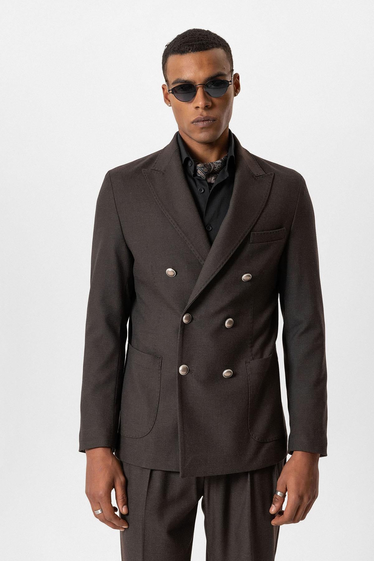 Antioch-Kahve Astarsız Kruvaze Erkek Blazer Ceket-Ceket-1-Milagron.com