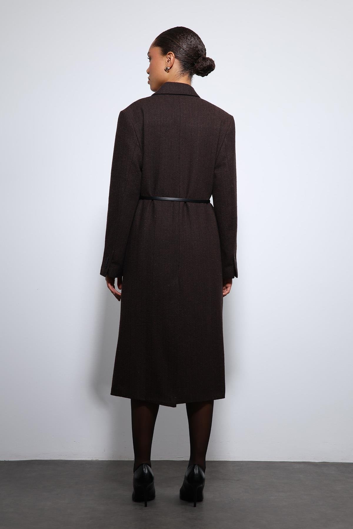 Antioch-Kahve Balıksırtı Desenli Kemerli Kaban-Kaban-13-Milagron.com