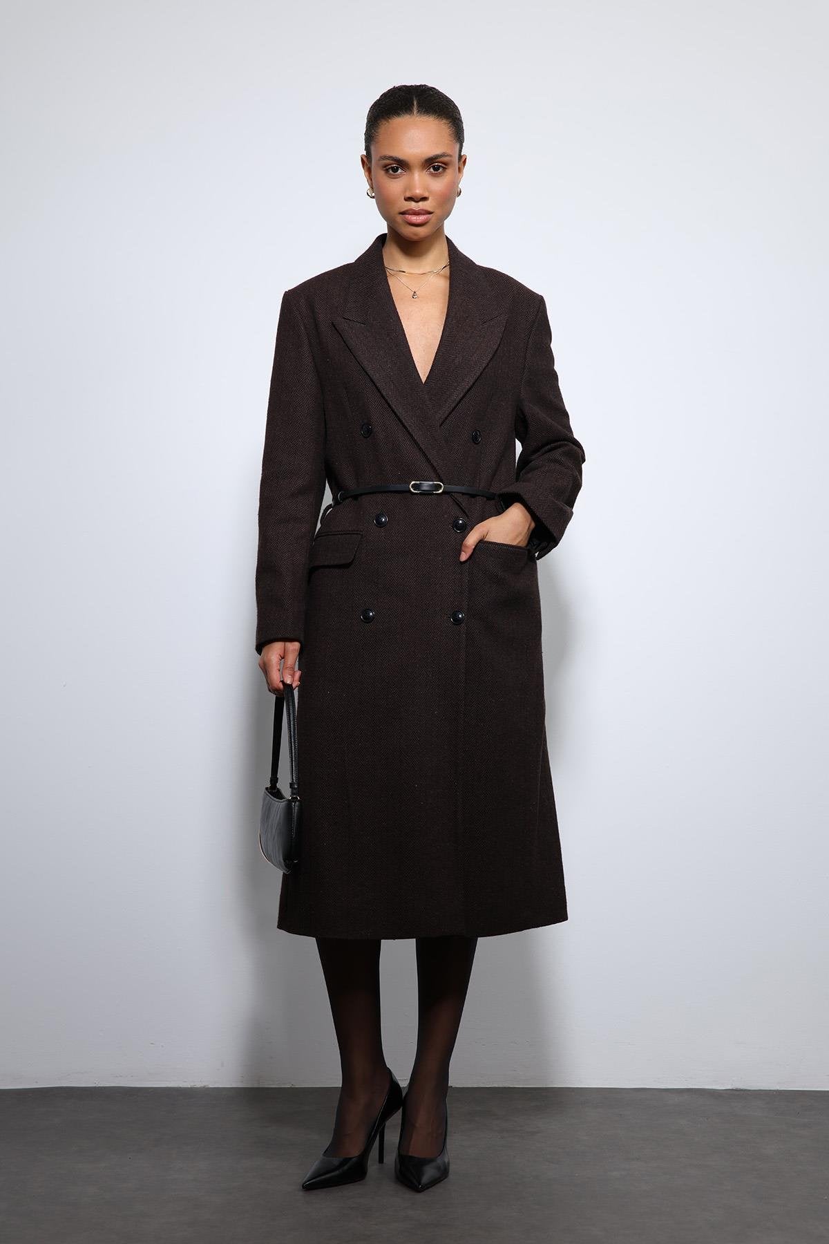 Antioch-Kahve Balıksırtı Desenli Kemerli Kaban-Kaban-6-Milagron.com