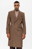 Antioch-Kahve Balıksırtı Desenli Kruvaze Erkek Kaban-Kaban-3-Milagron.com