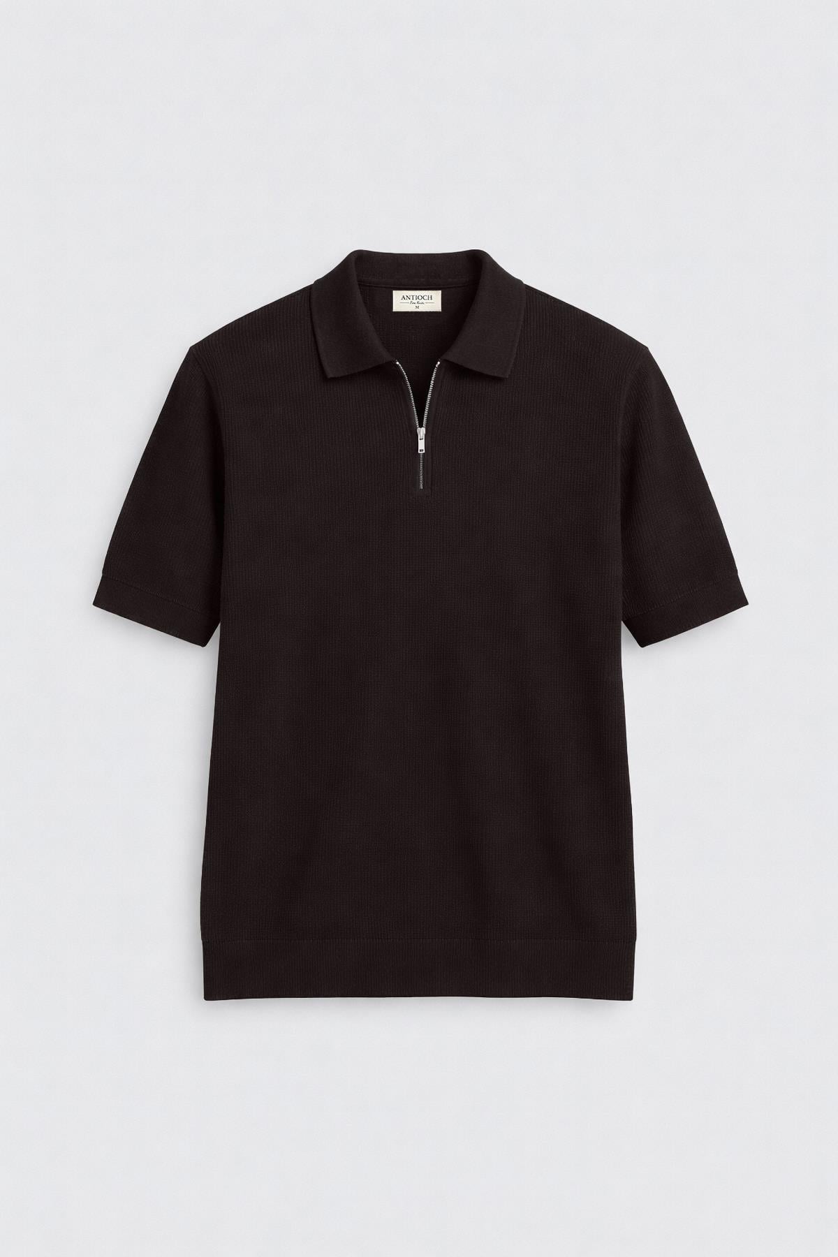 Antioch Kahve Comfort Slim Fermuarlı Erkek Triko T-Shirt