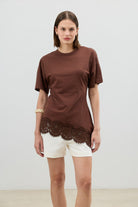 Antioch Kahve Dantelli Pamuklu Kadın T-Shirt
