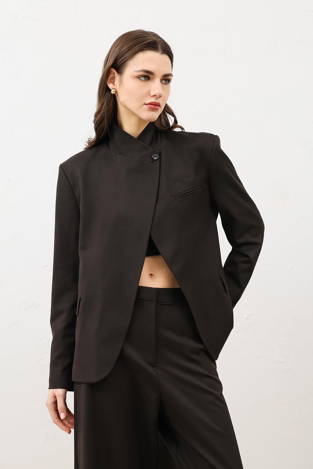 Antioch Kahve Dik Yaka Kadın Blazer Ceket
