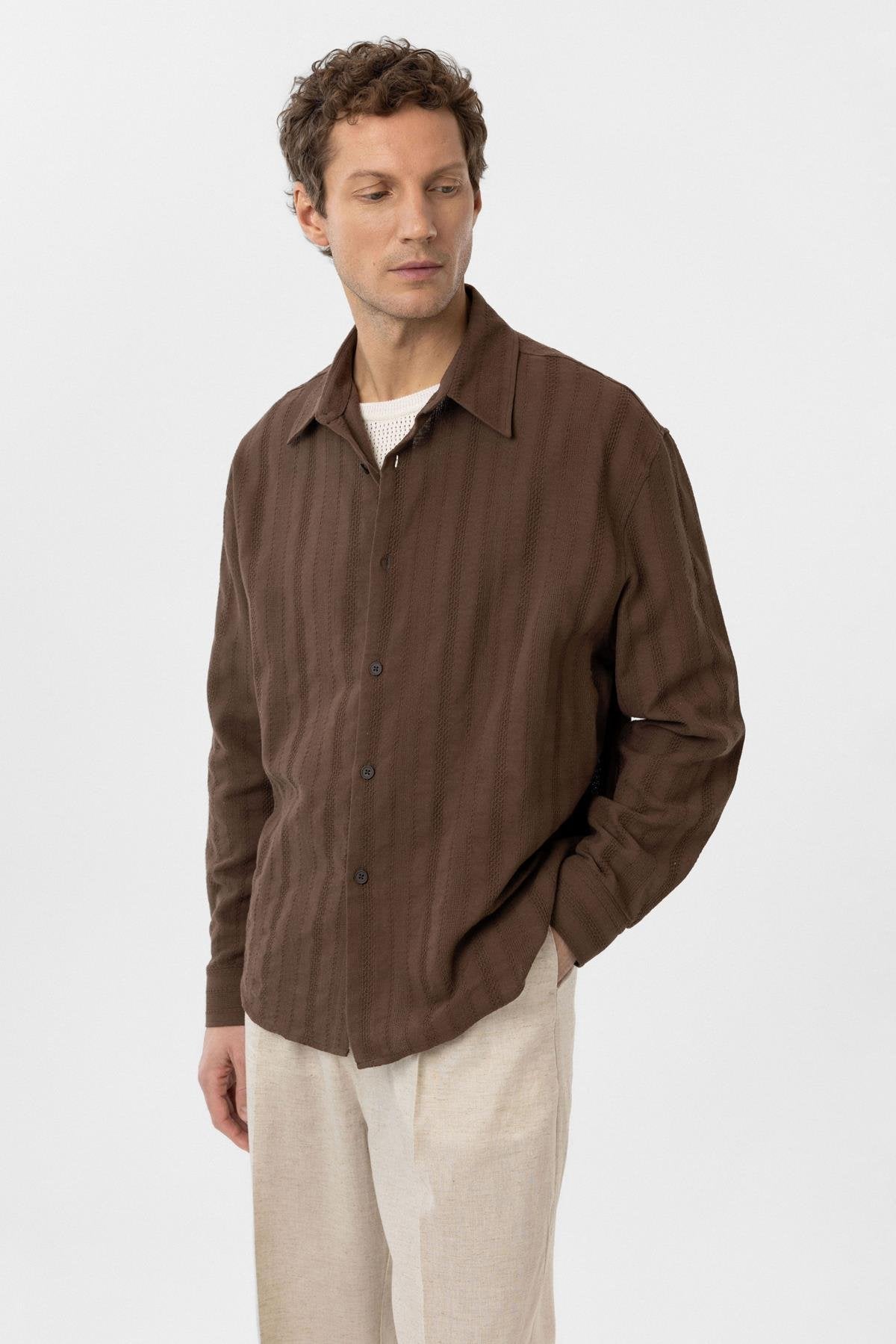 Antioch-Kahve Dokulu Jakarlı Pamuklu Erkek Gömlek-Gömlek-4-Milagron.com