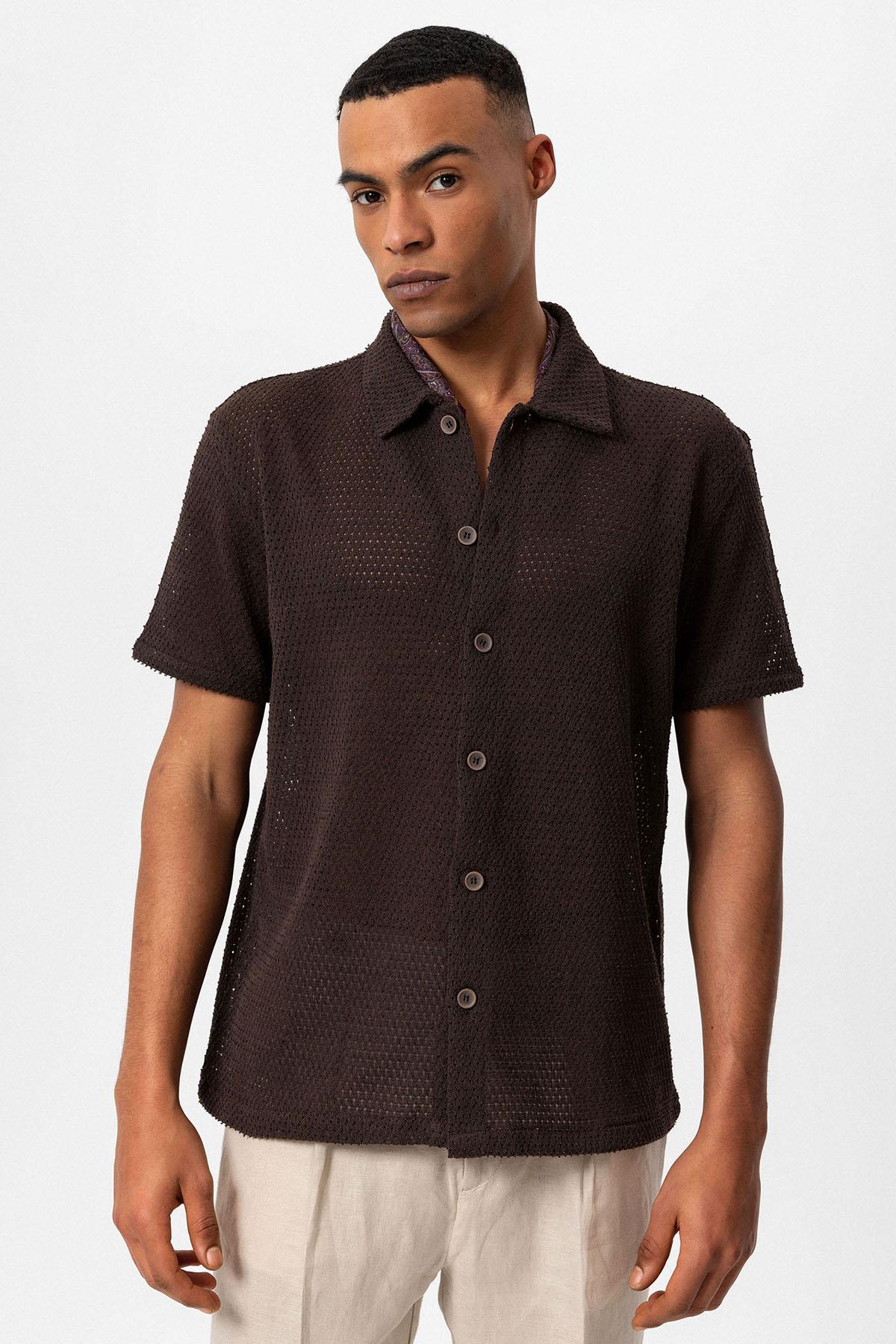 Antioch-Kahve Dokulu Kısa Kollu Erkek Gömlek-Gömlek-2-Milagron.com