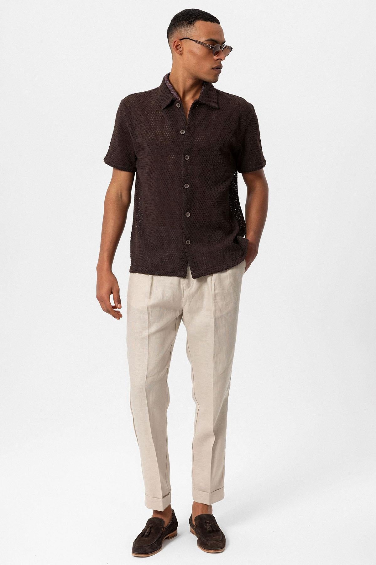 Antioch-Kahve Dokulu Kısa Kollu Erkek Gömlek-Gömlek-4-Milagron.com