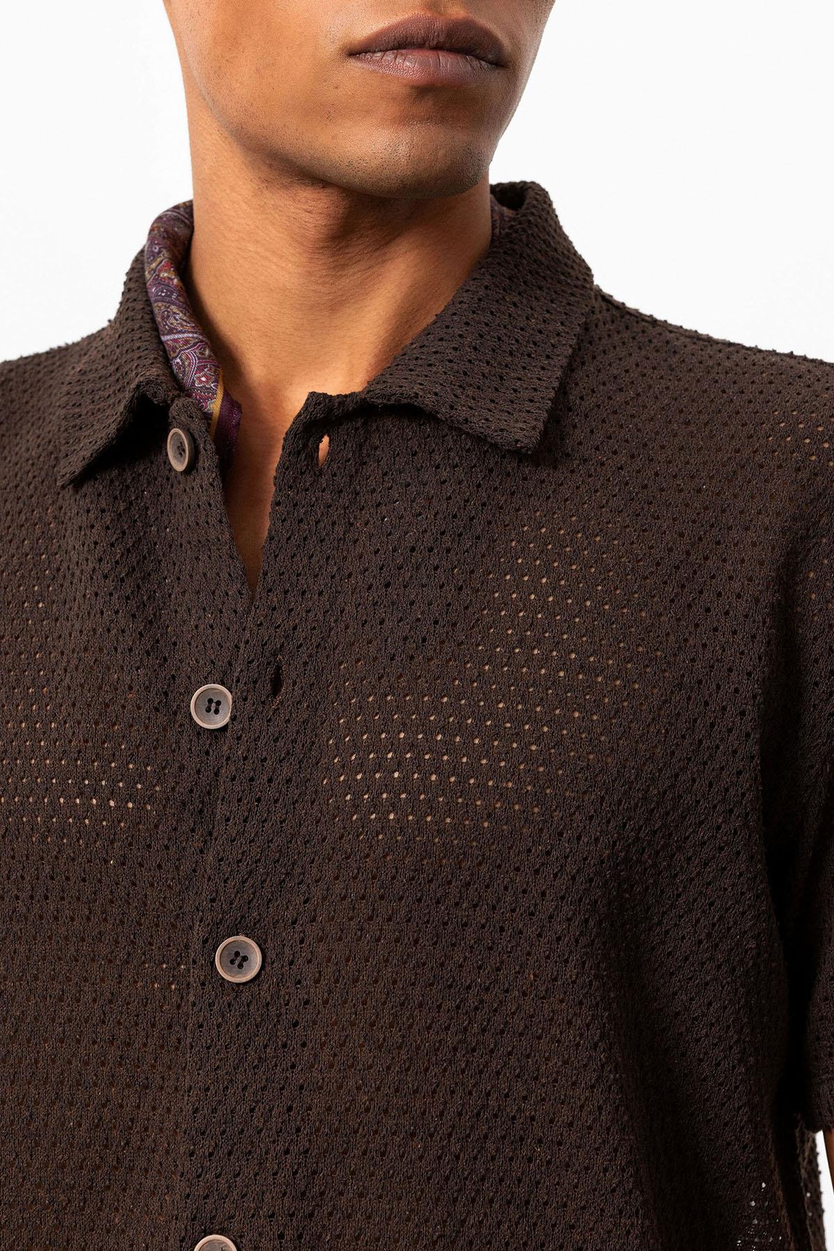 Antioch-Kahve Dokulu Kısa Kollu Erkek Gömlek-Gömlek-6-Milagron.com