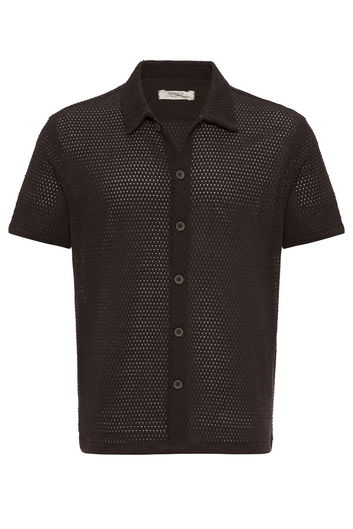Antioch-Kahve Dokulu Kısa Kollu Erkek Gömlek-Gömlek-8-Milagron.com