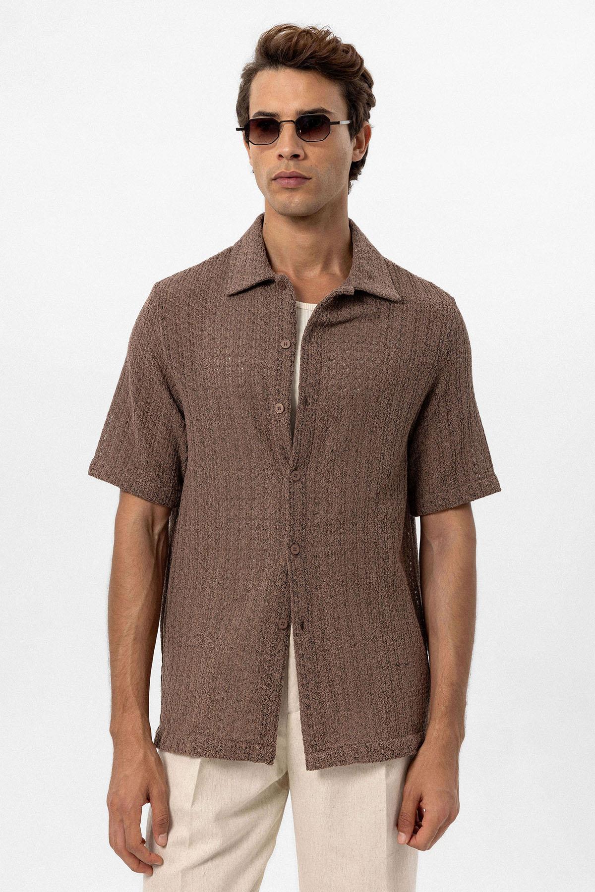 Antioch-Kahve Dokulu Kroşe Erkek Gömlek-Gömlek-1-Milagron.com