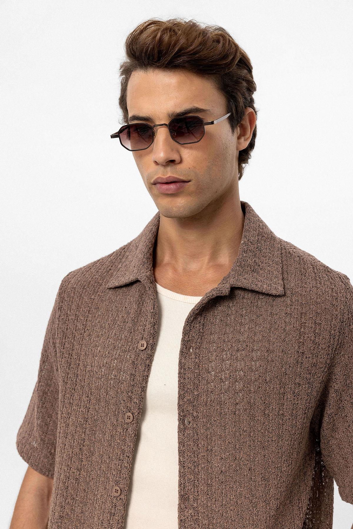 Antioch-Kahve Dokulu Kroşe Erkek Gömlek-Gömlek-5-Milagron.com