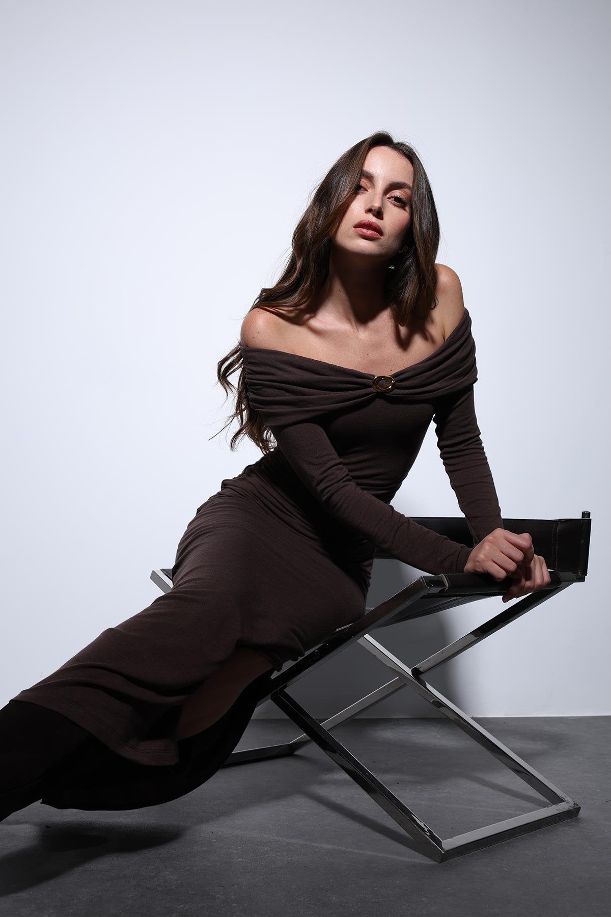 Antioch-Antioch Kahve Drape Detaylı Aksesuarlı Elbise-Elbise-5-Milagron.com