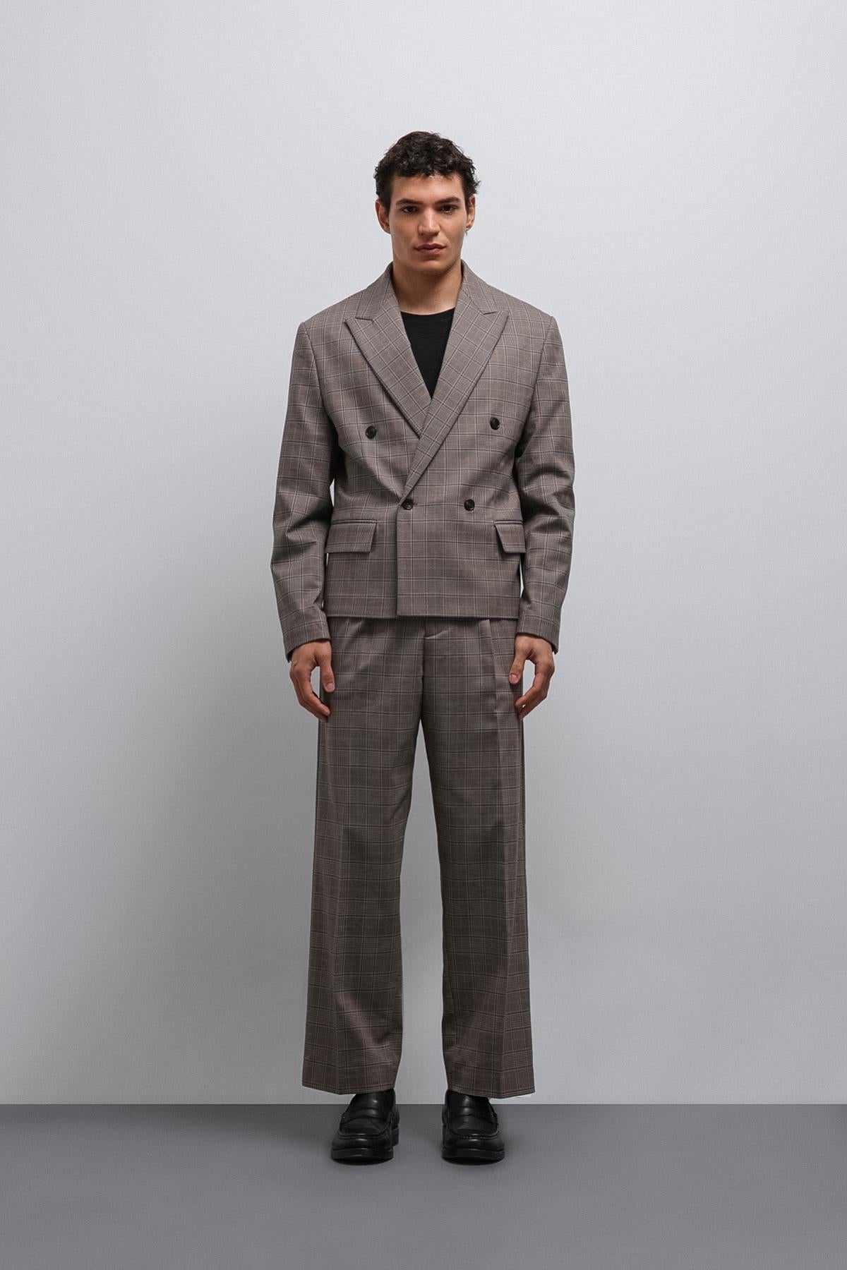 Antioch-Kahve Ekoseli Kruvaze Erkek Blazer Ceket-Blazer Ceket-3-Milagron.com