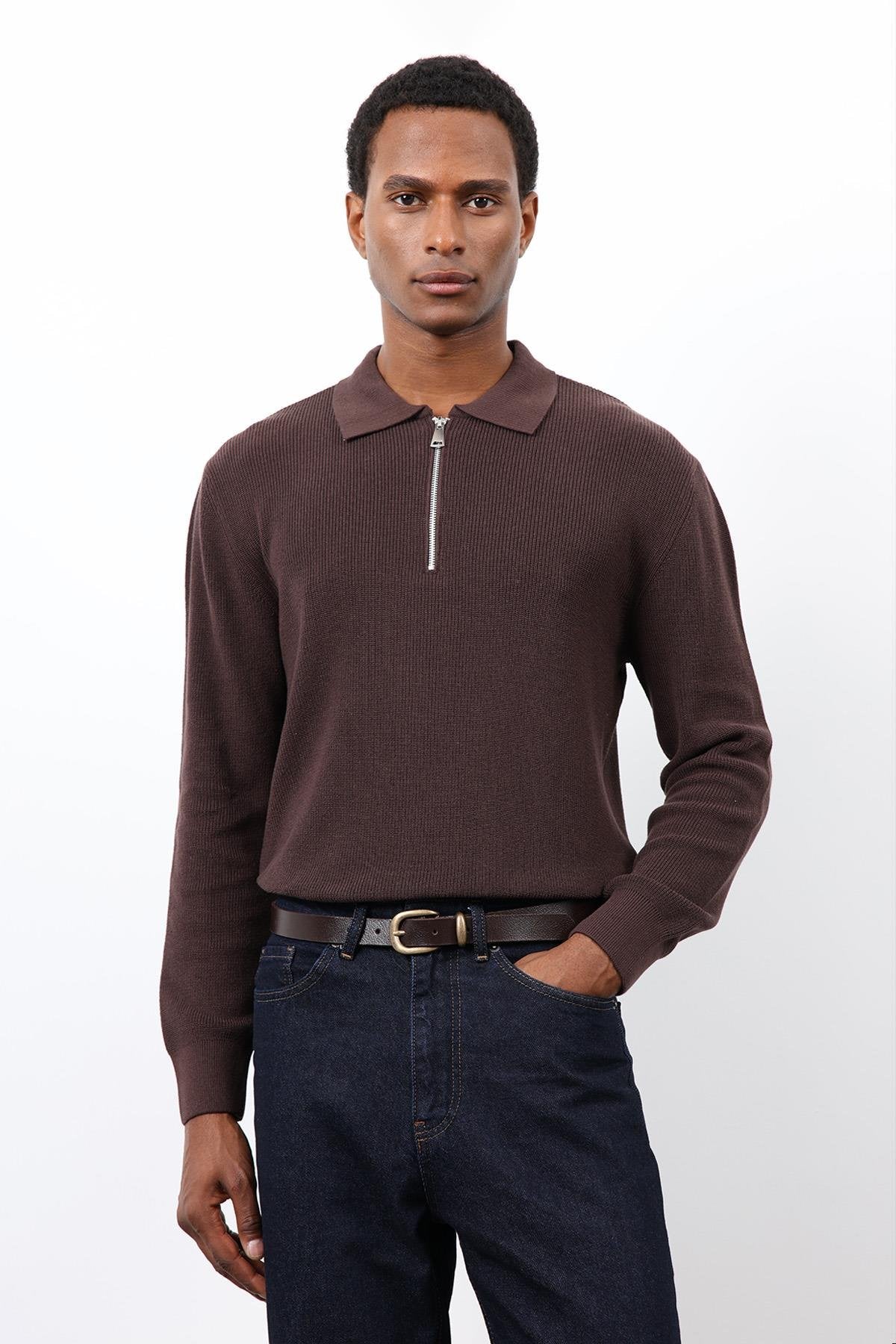 Antioch-Kahve Fermuarlı Erkek Triko Kazak-Kazak-2-Milagron.com