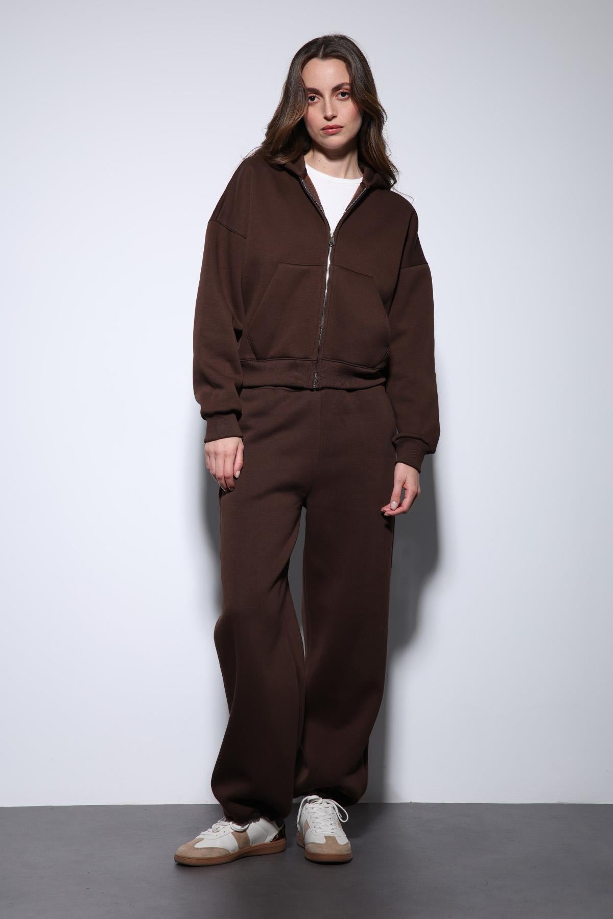 Antioch-Kahve Fermuarlı Kapüşanlı Kadın Sweatshirt-Sweatshirt-4-Milagron.com