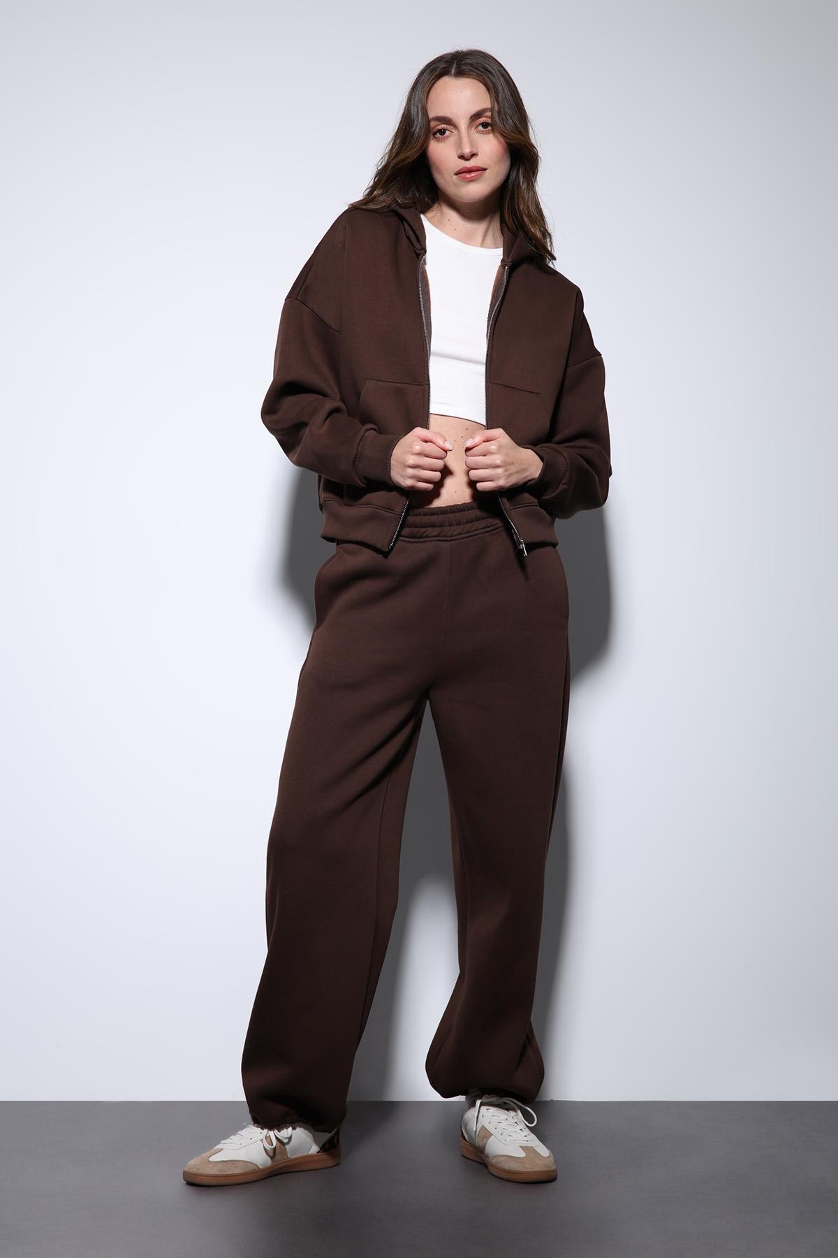 Antioch-Kahve Fermuarlı Kapüşanlı Kadın Sweatshirt-Sweatshirt-5-Milagron.com