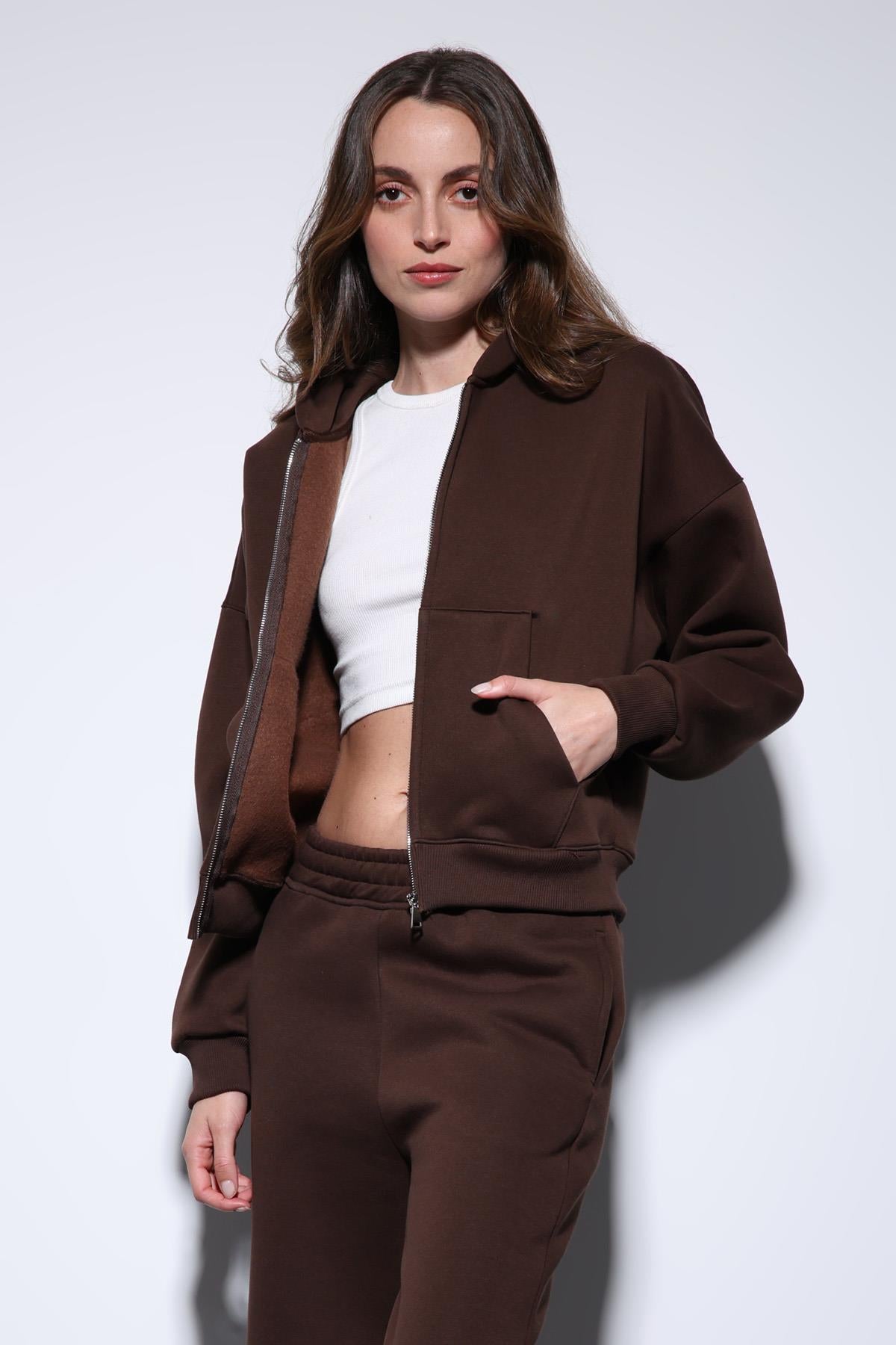 Antioch-Kahve Fermuarlı Kapüşanlı Kadın Sweatshirt-Sweatshirt-7-Milagron.com