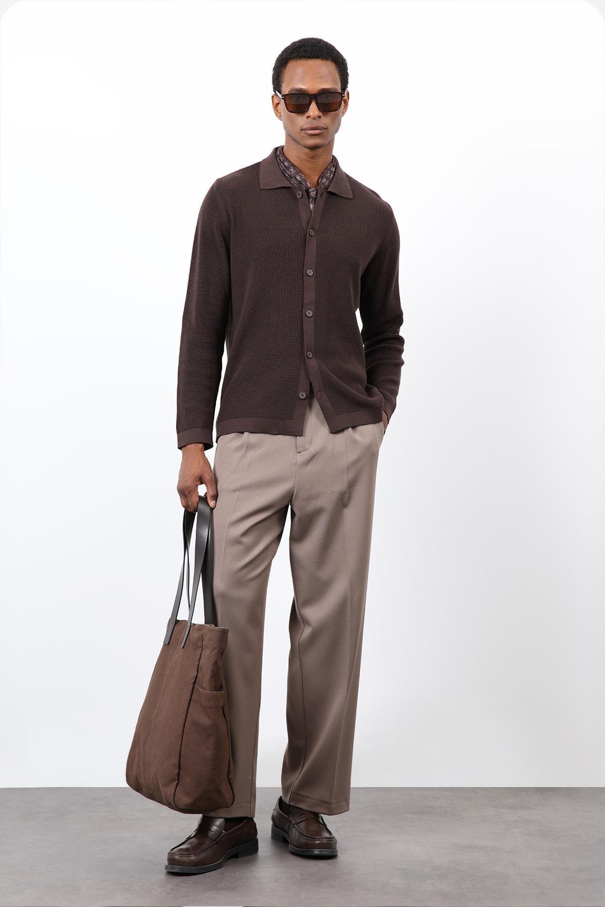 Antioch-Kahve İnce örgü Triko Erkek Hırka-Hırka-1-Milagron.com