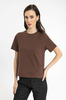Antioch-Kahve Kadın Bisiklet Yaka Basic T Shirt-T-Shirts-1-Milagron.com