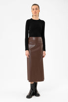 Antioch-Kahve Kadın Suni Deri Midi Etek-Etek-3-Milagron.com