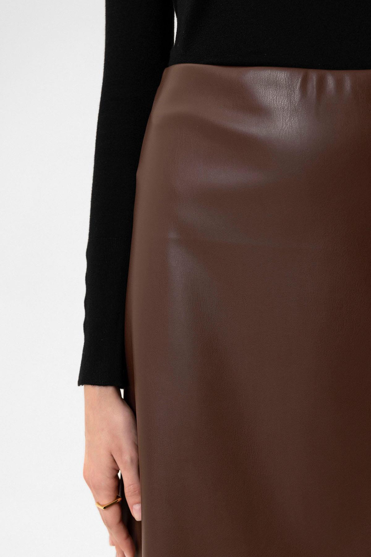 Antioch-Kahve Kadın Suni Deri Midi Etek-Etek-4-Milagron.com