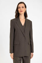Antioch-Kahve Kadın Tek Düğme çizgili Blazer Ceket-Blazer Ceket-1-Milagron.com