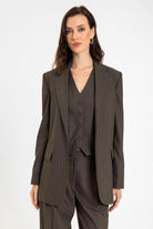 Antioch-Kahve Kadın Tek Düğme çizgili Blazer Ceket-Blazer Ceket-2-Milagron.com