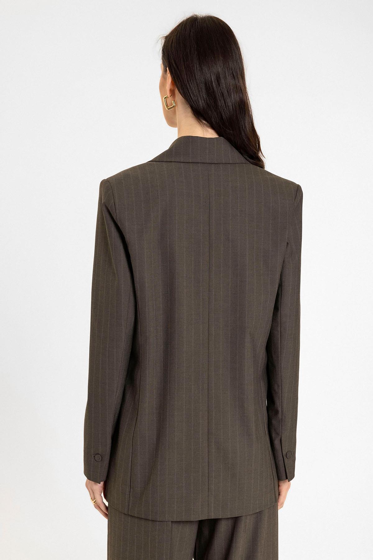 Antioch-Kahve Kadın Tek Düğme çizgili Blazer Ceket-Blazer Ceket-7-Milagron.com