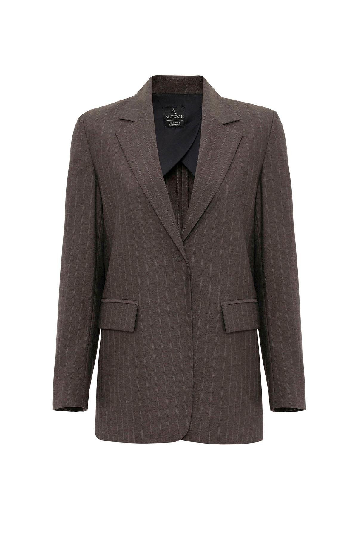 Antioch-Kahve Kadın Tek Düğme çizgili Blazer Ceket-Blazer Ceket-8-Milagron.com