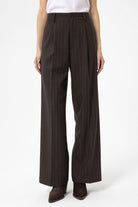 Antioch-Kahve Kadın Yüksek Bel Pileli Çizgili Pantolon-Pantolon-1-Milagron.com