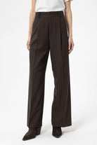 Antioch-Kahve Kadın Yüksek Bel Pileli Çizgili Pantolon-Pantolon-3-Milagron.com