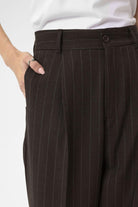 Antioch-Kahve Kadın Yüksek Bel Pileli Çizgili Pantolon-Pantolon-4-Milagron.com