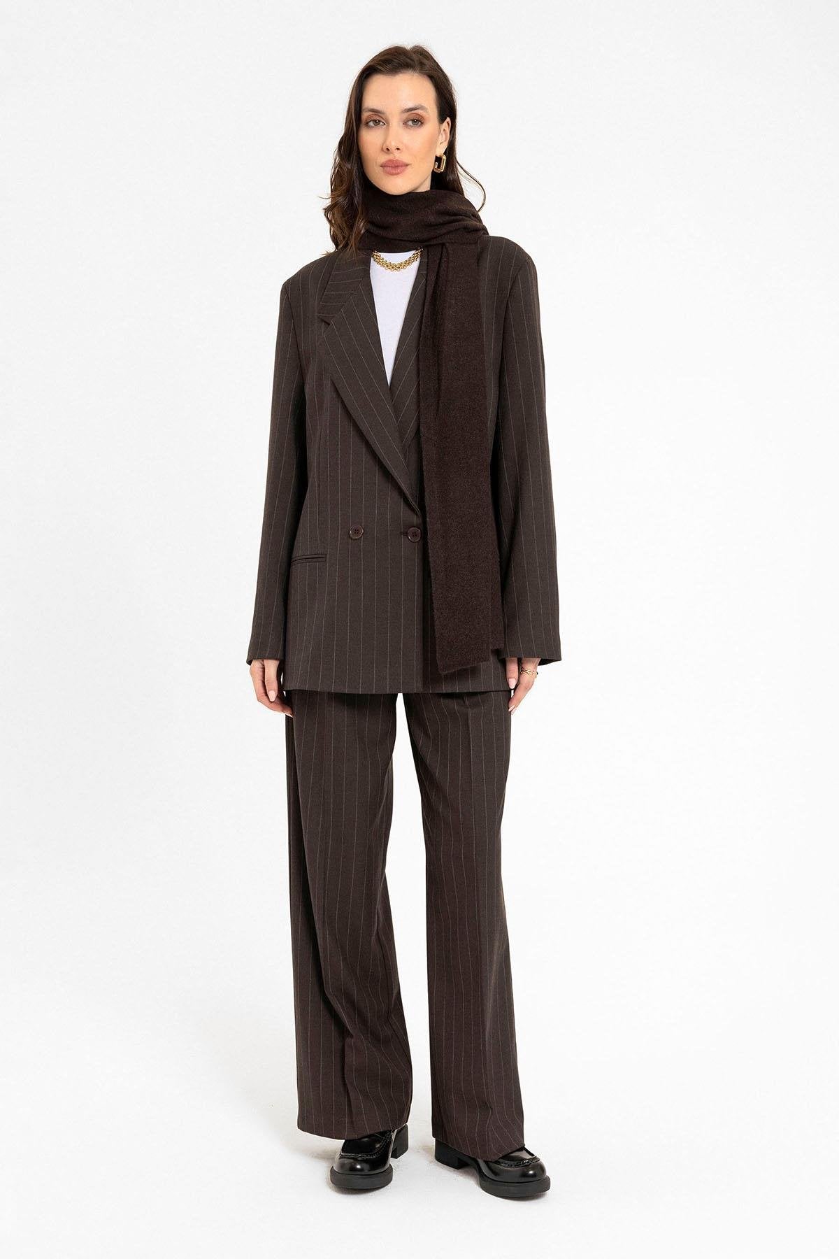 Antioch-Kahve Kadın çizgili Oversize Blazer Ceket-Blazer Ceket-3-Milagron.com