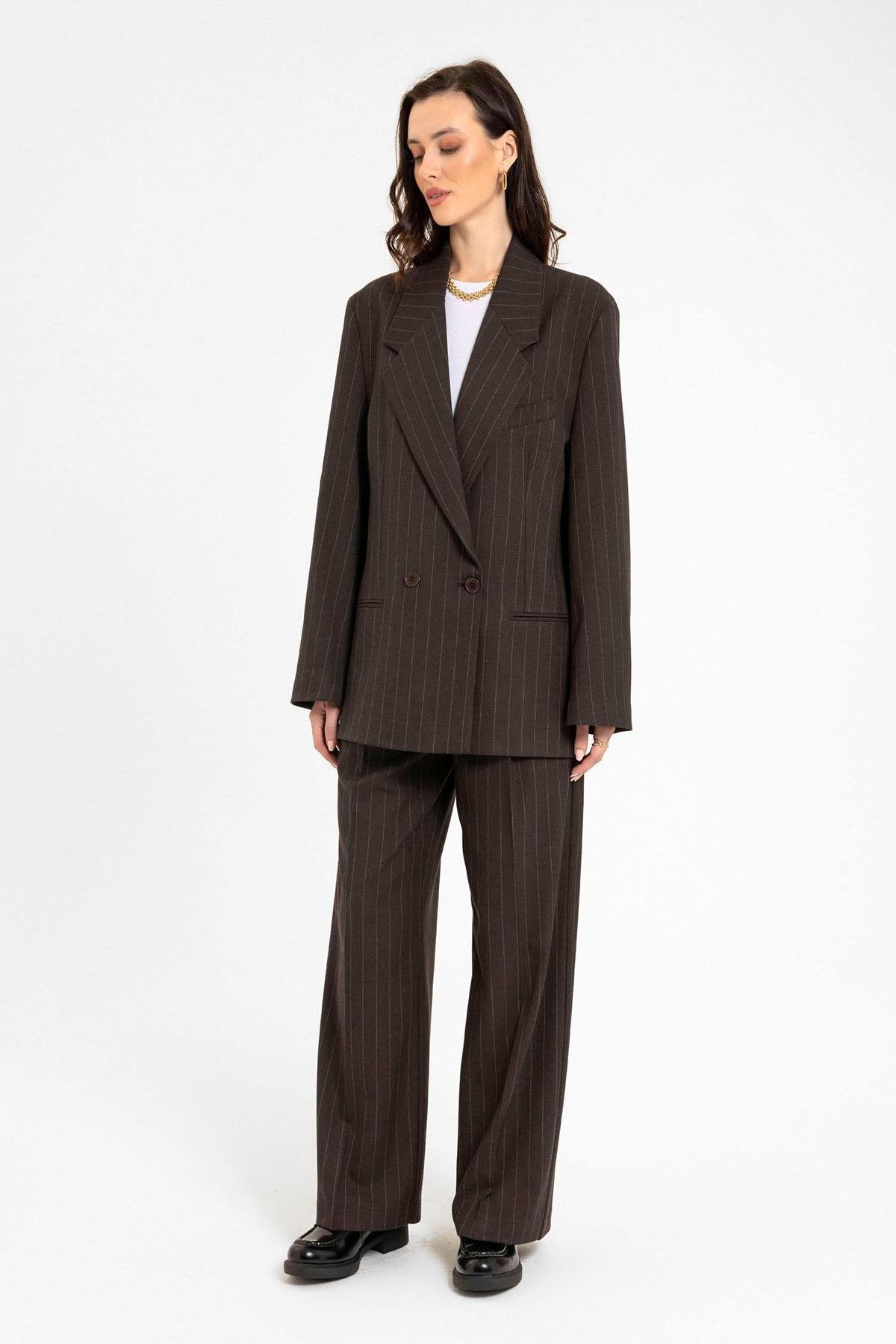 Antioch-Kahve Kadın çizgili Oversize Blazer Ceket-Blazer Ceket-4-Milagron.com