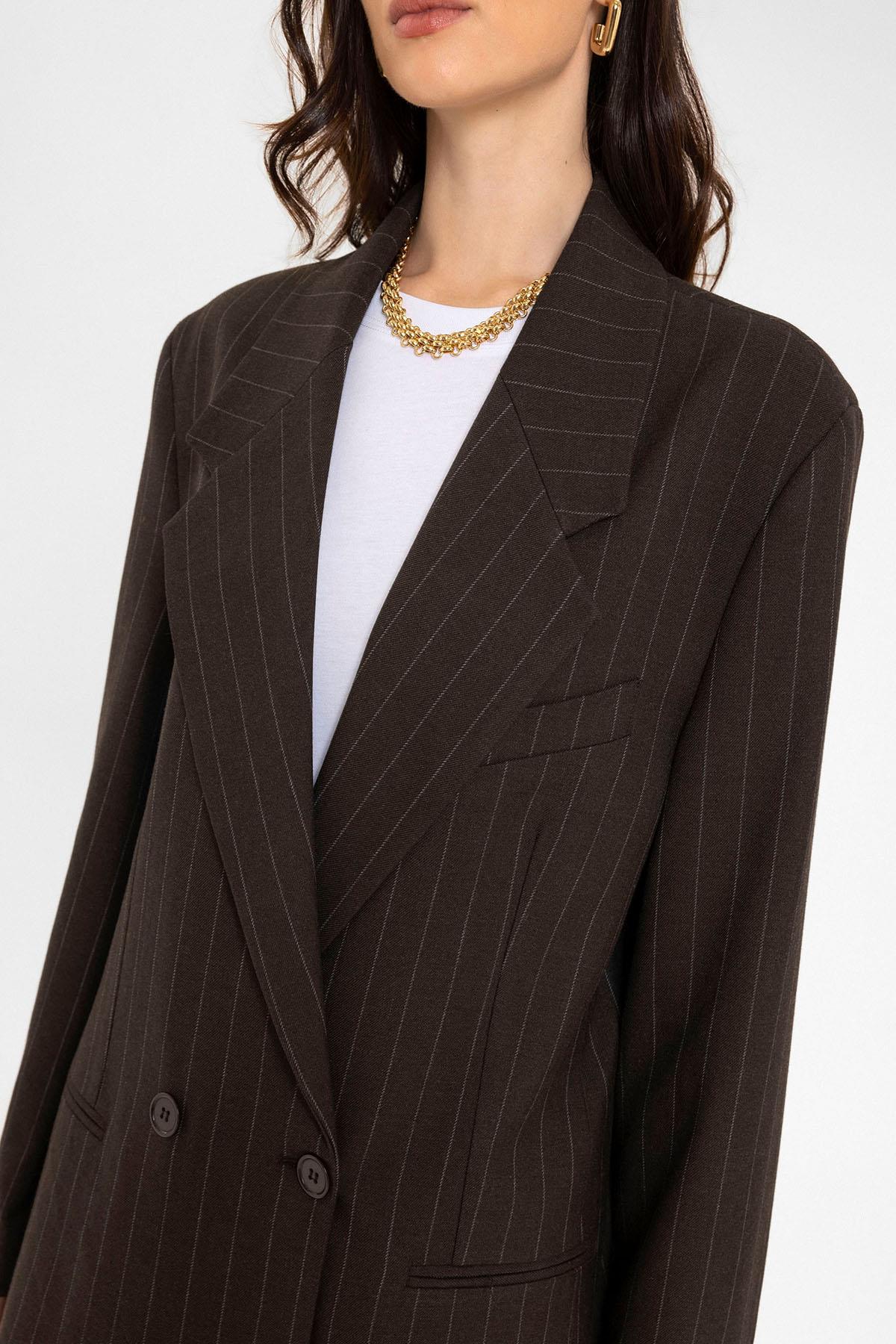 Antioch-Kahve Kadın çizgili Oversize Blazer Ceket-Blazer Ceket-5-Milagron.com