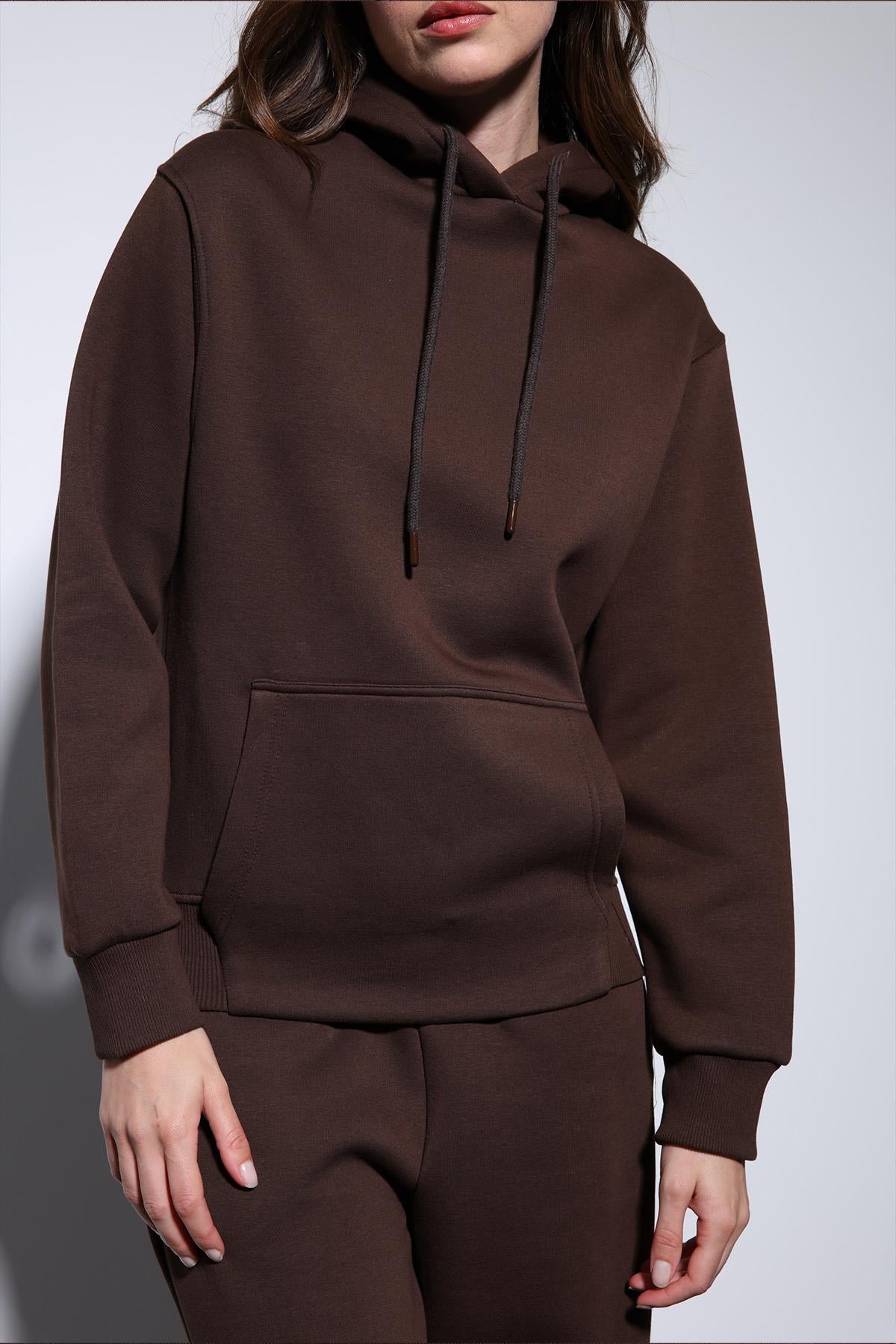 Antioch-Kahve Kapüşonlu Basic Kadın Sweatshirt-Sweatshirt-5-Milagron.com