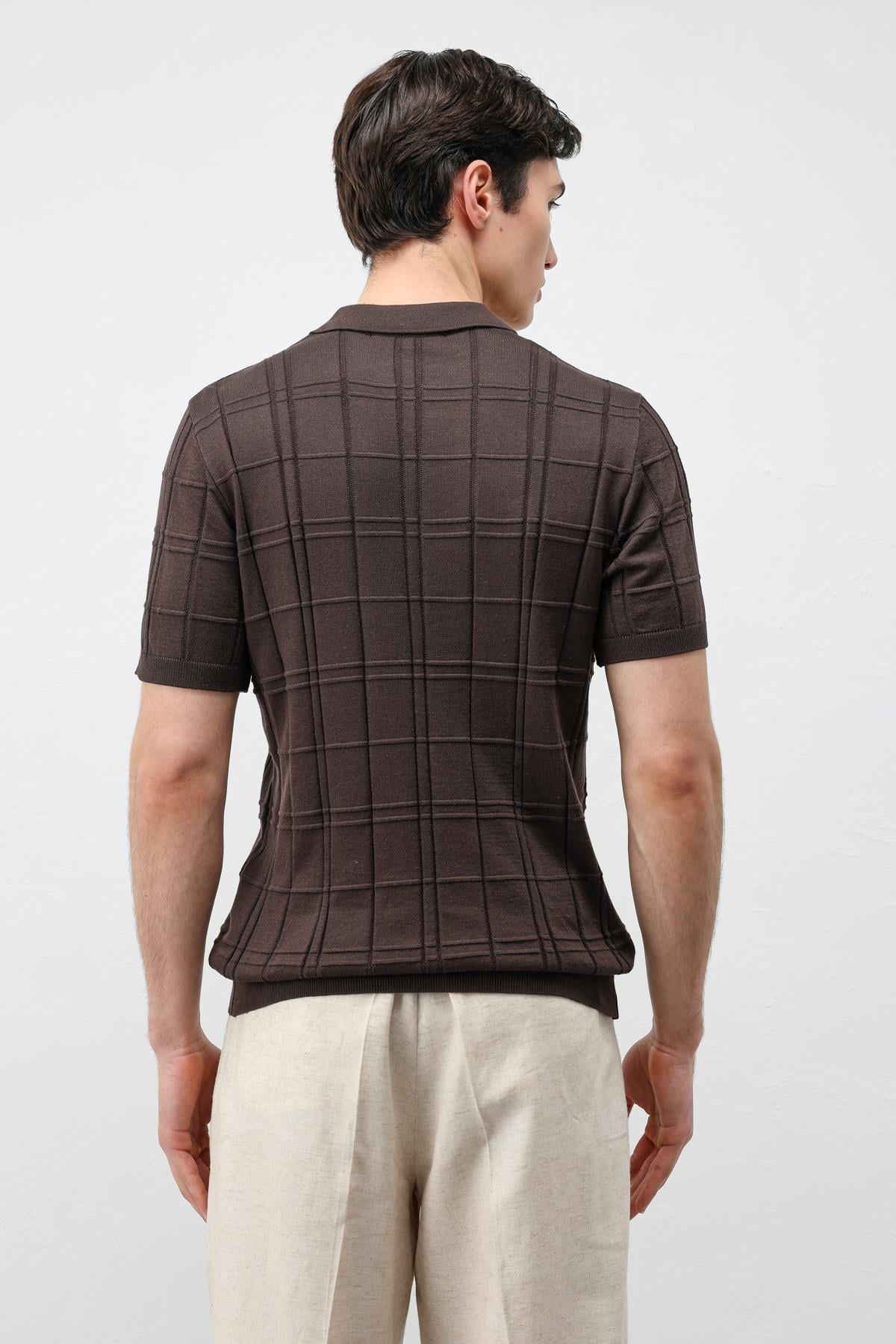 Antioch Kahve Kareli Desenli Erkek Triko T-Shirt
