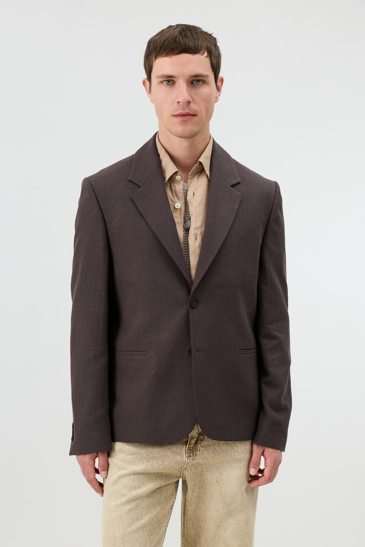 Antioch Kahve Keten Karışımlı Balıksırtı Desenli Erkek Blazer Ceket