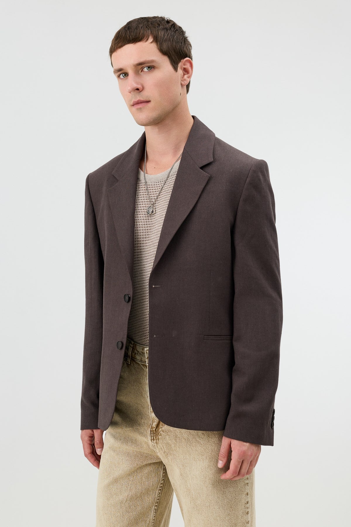 Antioch Kahve Keten Karışımlı Balıksırtı Desenli Erkek Blazer Ceket